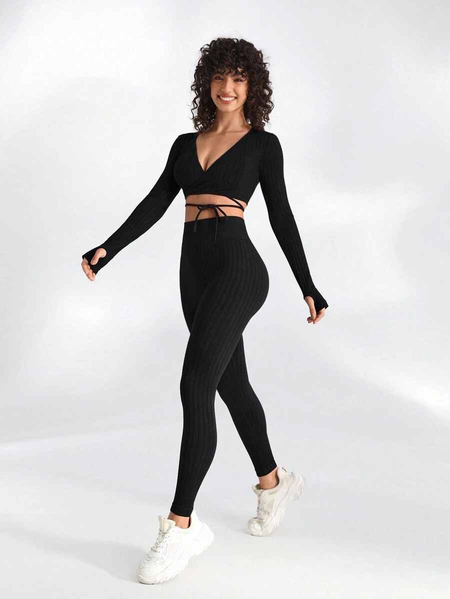 Leisure Wrap Tie Crop Long Sleeve Top And Leggings Sports Set