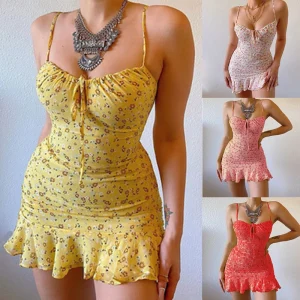 Summer Short Dress Women Floral Print Sleeveless Mini